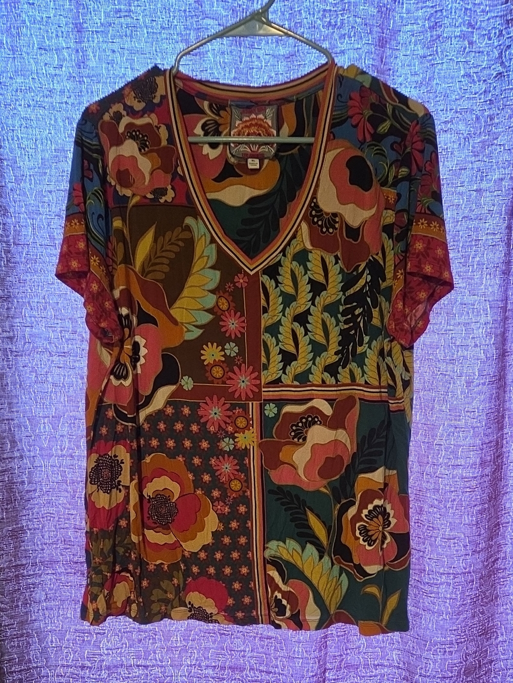 Johnny Was Patchwork Floral V-Neck Tee in Teal, Rust, Mustard, Pink